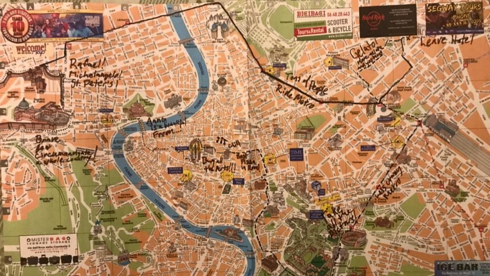 An adventure map of Rome, Italy. The map is centered on the city itself, with the Tiber River running through it. The map is divided into different neighborhoods, each with its own unique attractions.