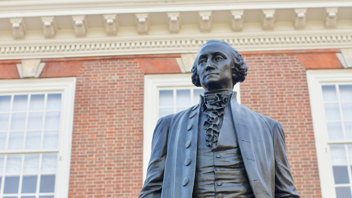 Statue of George Washington, outside Independence Hall in Philadelphia, PA